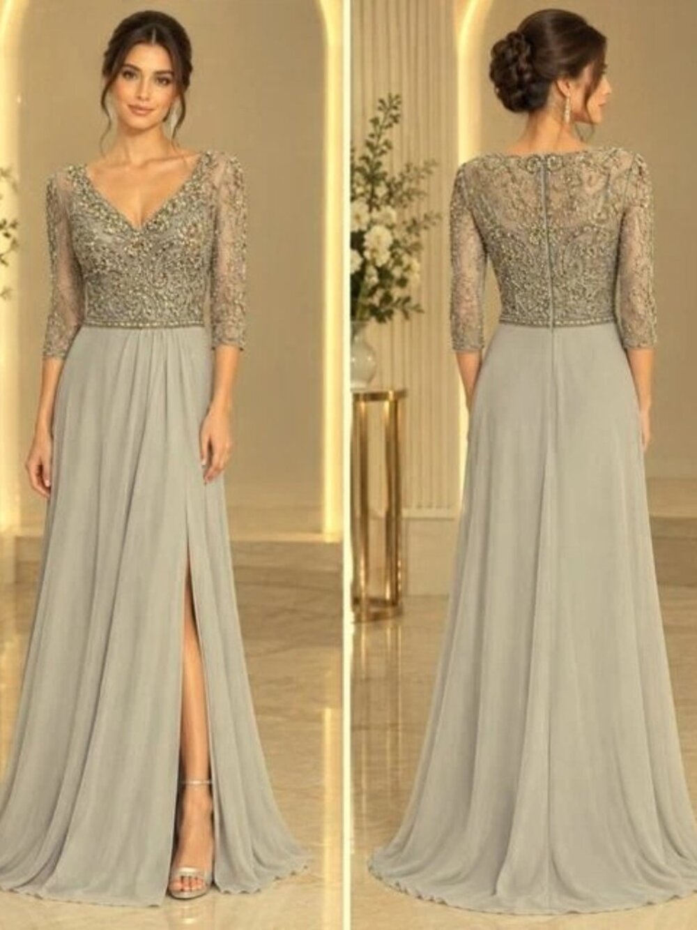 Montage By Mon Cheri Platinum Silver Beaded Chiffon Gown